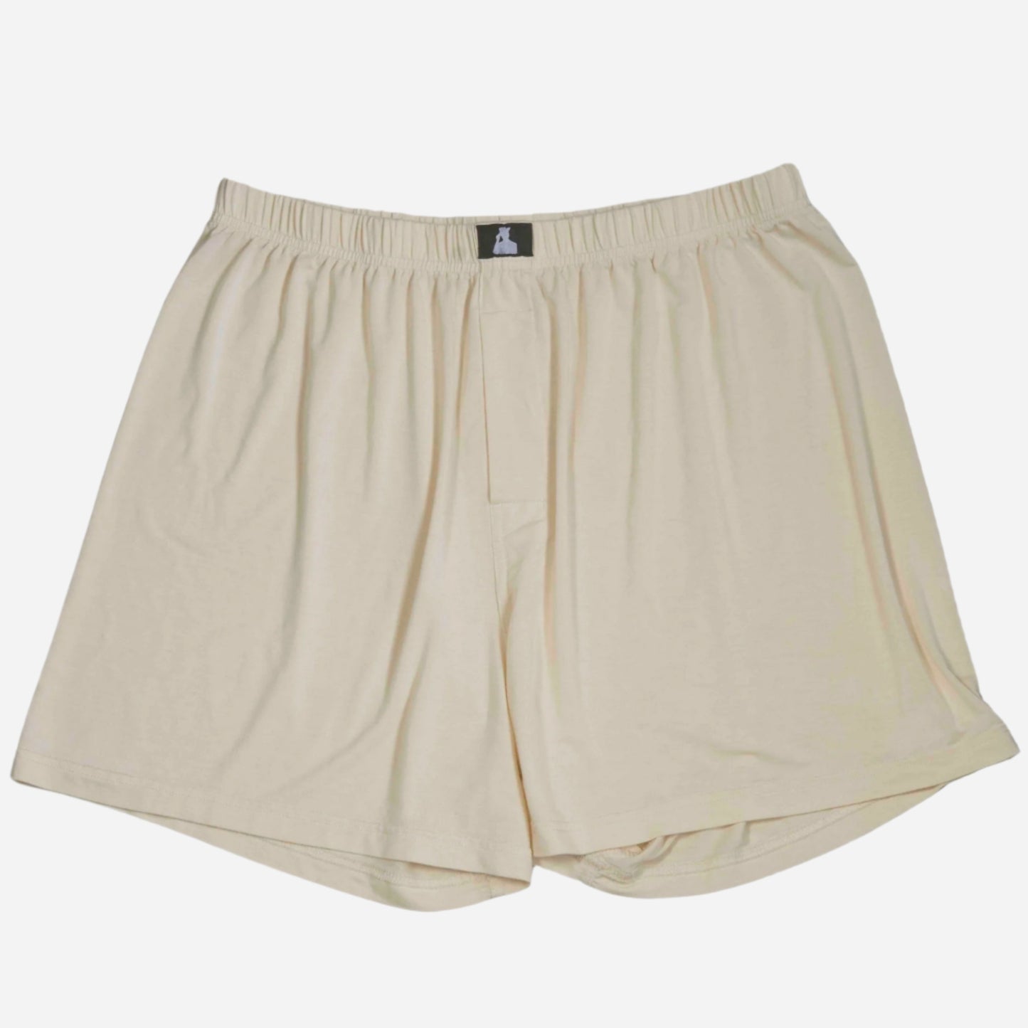 Front of beige fertility-friendly men's boxer's by Mr. Fertyl, made from bamboo Lyocell for breathable, non-toxic comfort.