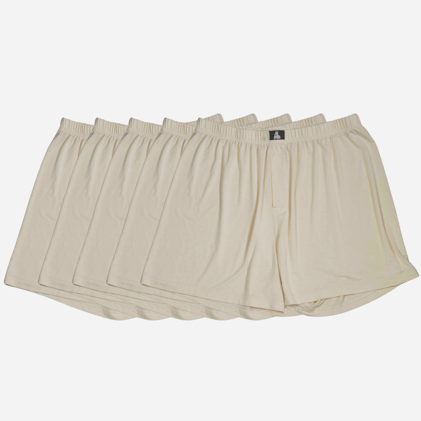 5-pack of beige Bamboo Lyocell men’s boxers designed for breathability, fertility support, and eco-conscious comfort.
