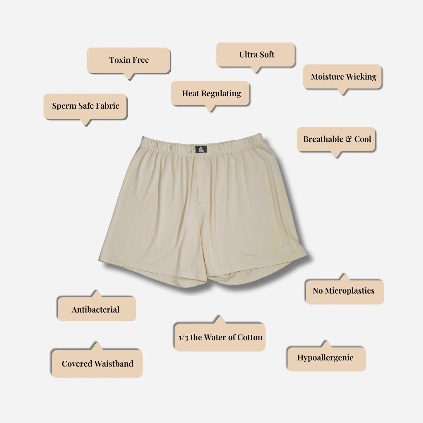 Beige non-toxic men’s underwear, fertility safe boxers with breathable, hypoallergenic Bamboo Lyocell fabric.
