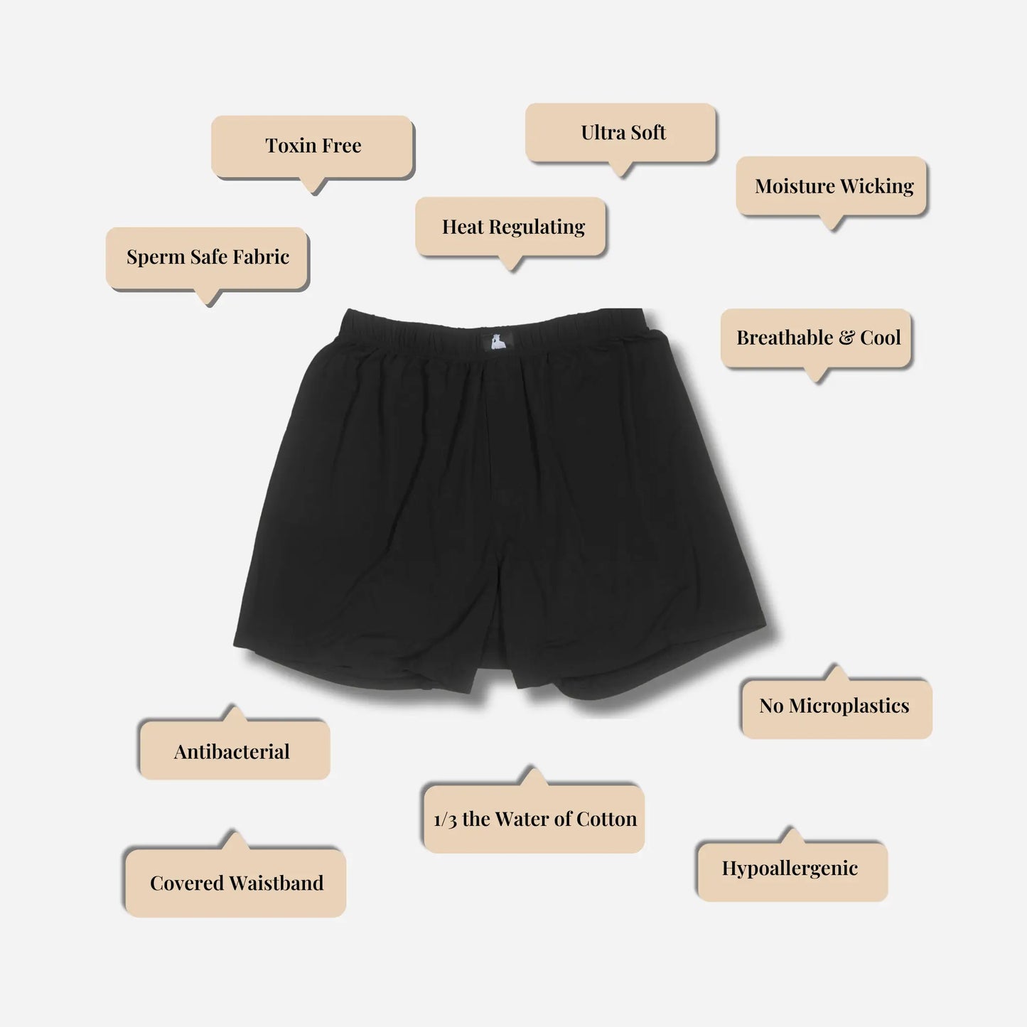 Black fertility-safe boxer shorts, sperm safe men’s underwear made from toxin-free, sustainable Bamboo Lyocell.