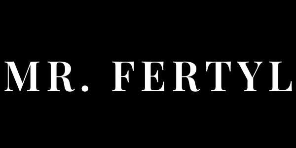 Mr. Fertyl brand name in elegant serif font on a black background, representing premium fertility-first apparel.