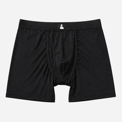 Front of black fertility-friendly men's boxer brief's by Mr. Fertyl, made from Bamboo Lyocell for breathable, non-toxic comfort.