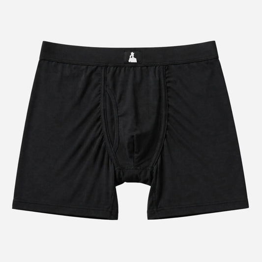 Front of black fertility-friendly men's boxer brief's by Mr. Fertyl, made from Bamboo Lyocell for breathable, non-toxic comfort.