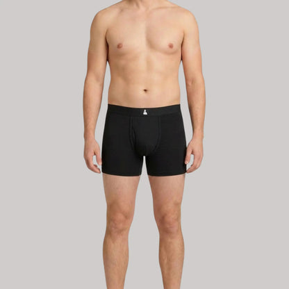 Front view of male model in black Mr. Fertyl Bamboo Lyocell boxer brief's, showcasing breathable, non-toxic fertility-safe fabric.