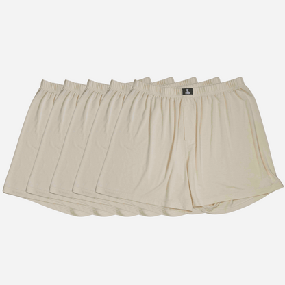5-pack of beige Bamboo Lyocell men’s boxers designed for breathability, fertility support, and eco-conscious comfort.