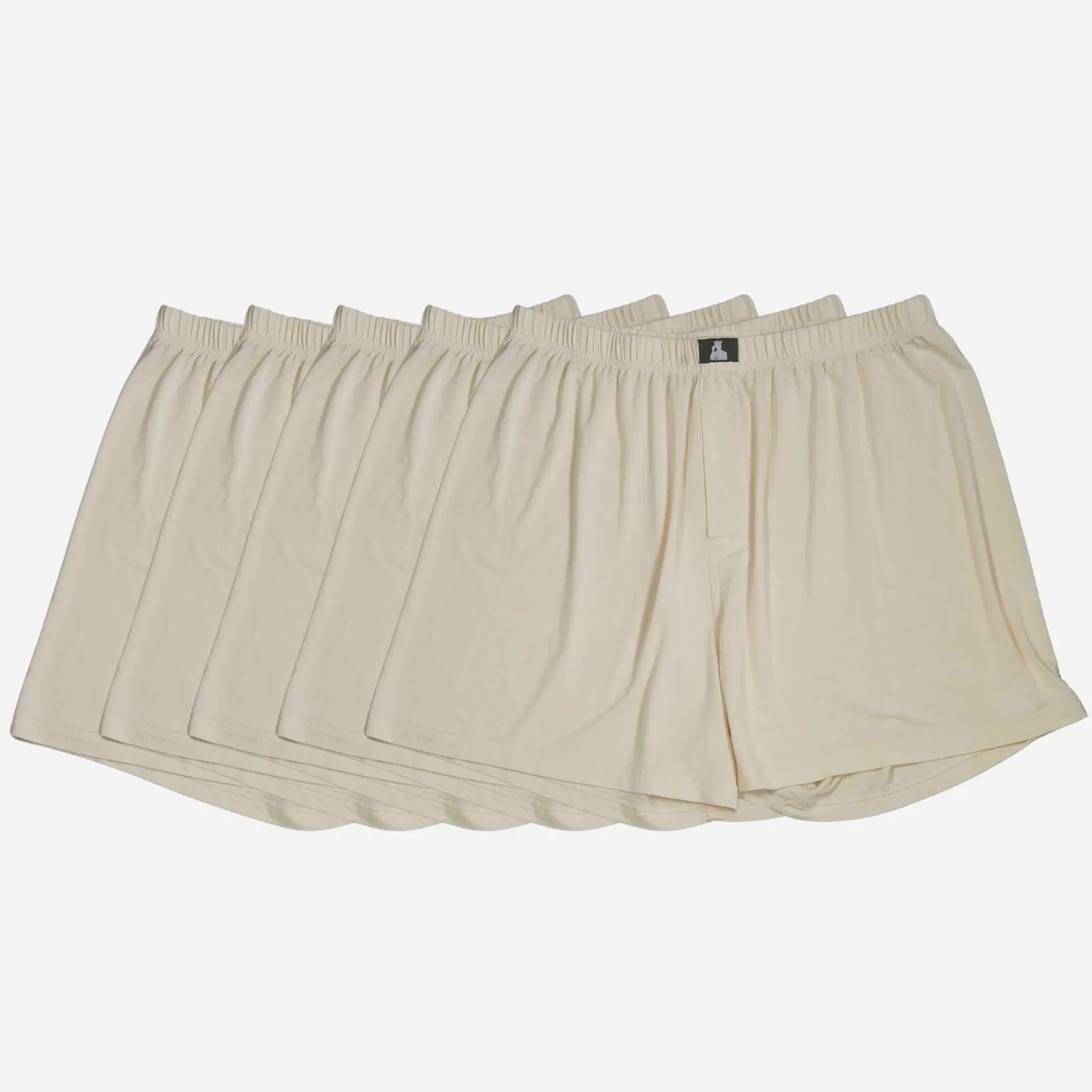 5-pack of beige Bamboo Lyocell men’s boxers designed for breathability, fertility support, and eco-conscious comfort.