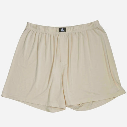 Front of beige fertility-friendly men's boxer's by Mr. Fertyl, made from bamboo Lyocell for breathable, non-toxic comfort.