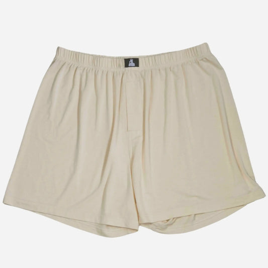 Front of beige fertility-friendly men's boxer's by Mr. Fertyl, made from bamboo Lyocell for breathable, non-toxic comfort.