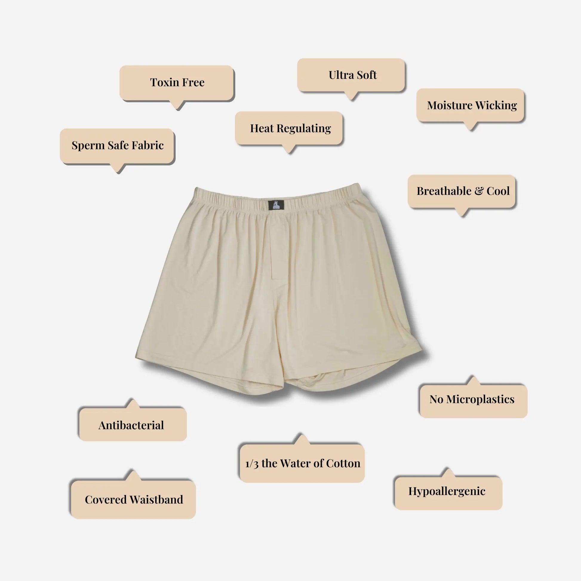Beige non-toxic men’s underwear, fertility safe boxers with breathable, hypoallergenic Bamboo Lyocell fabric.