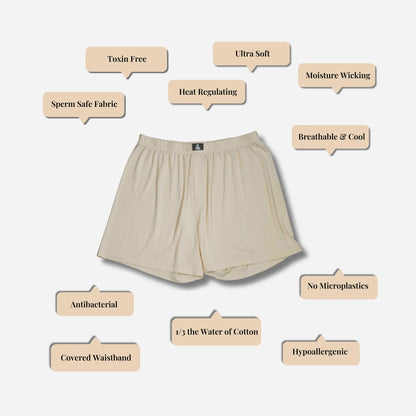 Beige non-toxic men’s underwear, fertility safe boxers with breathable, hypoallergenic Bamboo Lyocell fabric.