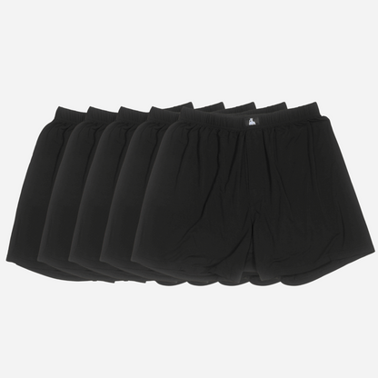 5-pack of black Bamboo Lyocell men’s boxers offering soft, breathable comfort and support for male fertility health.