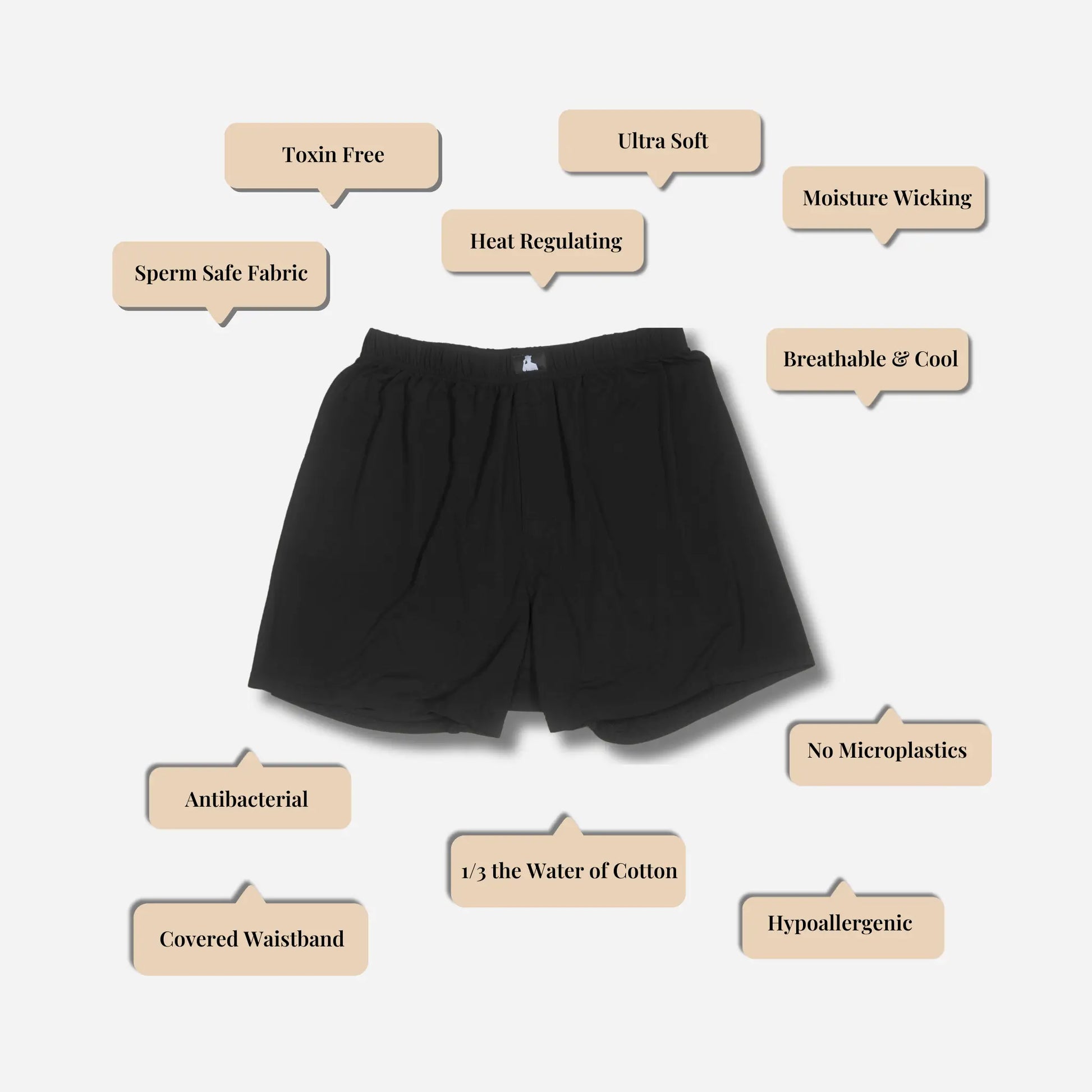 Black fertility-safe boxer shorts, sperm safe men’s underwear made from toxin-free, sustainable Bamboo Lyocell.