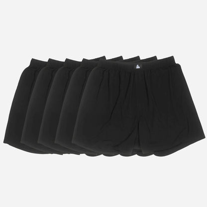 5-pack of black Bamboo Lyocell men’s boxers offering soft, breathable comfort and support for male fertility health.