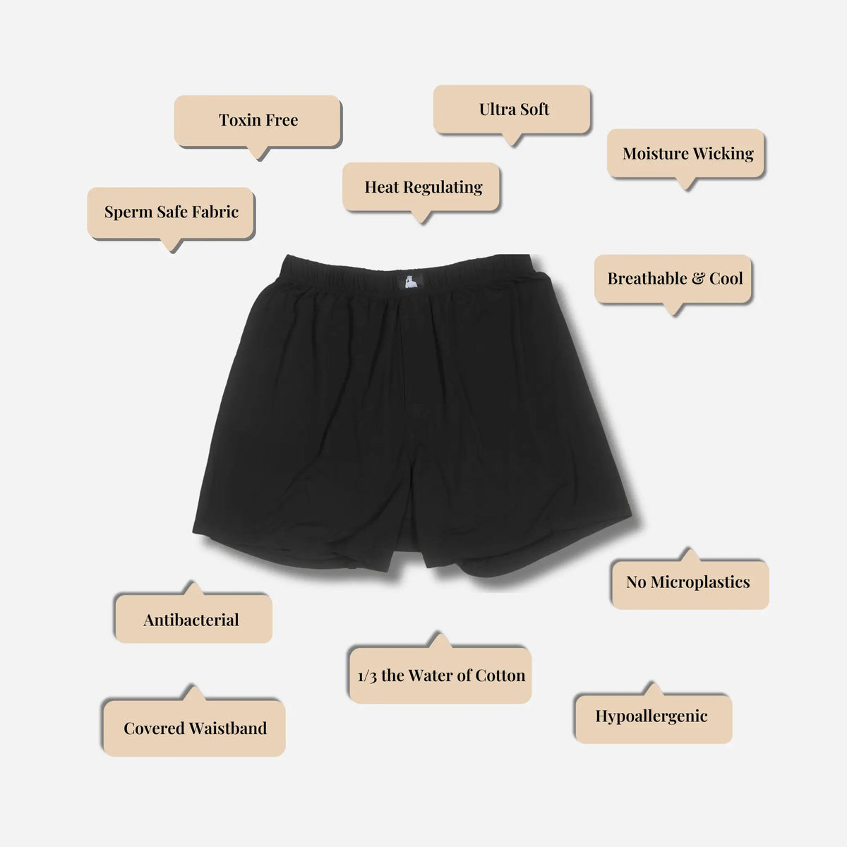 Black fertility-safe boxer shorts, sperm safe men’s underwear made from toxin-free, sustainable Bamboo Lyocell.