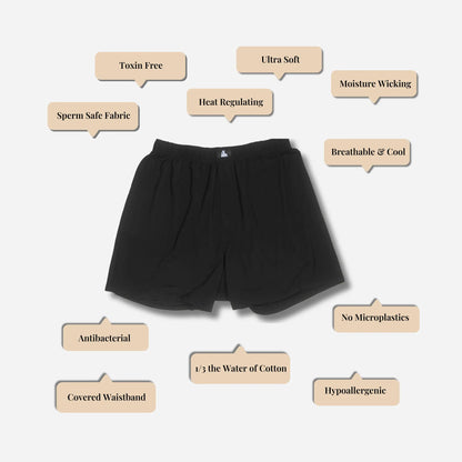 Black fertility-safe boxer shorts, sperm safe men’s underwear made from toxin-free, sustainable Bamboo Lyocell.